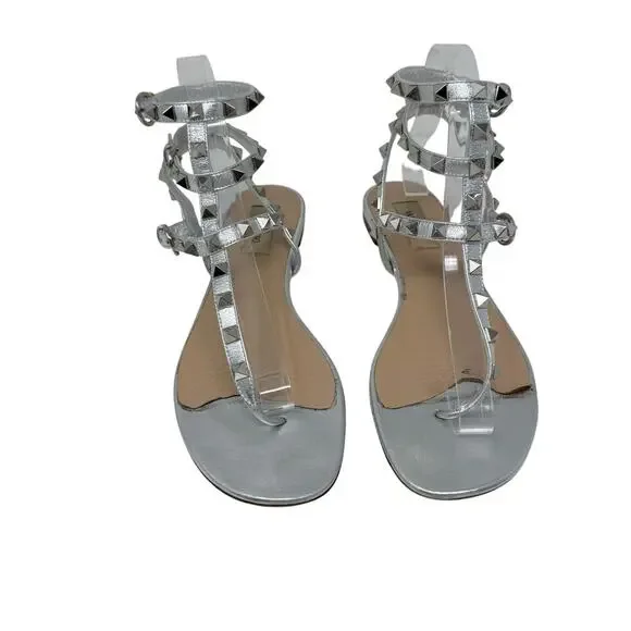 Valentino Garavani Silver Rockstud Flat Sandals Studded Leather Size 37.5 - Picture 2 of 10